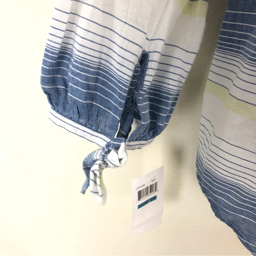 BeachLunchLounge Lightweight Flowy Cotton Stripes Ayala Blue White Green Sky Top - Picture 2 of 8